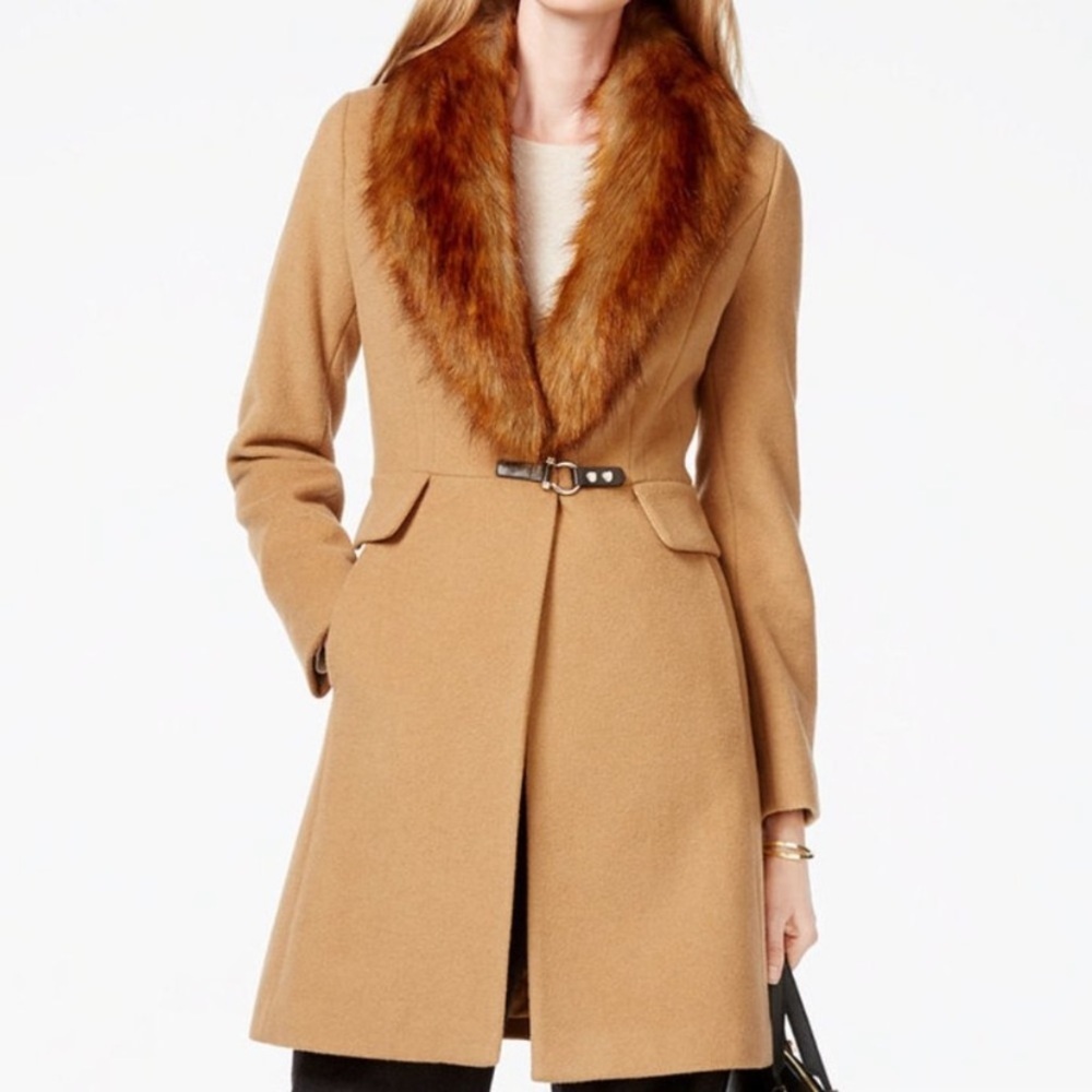 IVANKA TRUMP Ivanka Trump Camel Women's Faux-Fur Trim Shawl Collar Coat Jacket 2